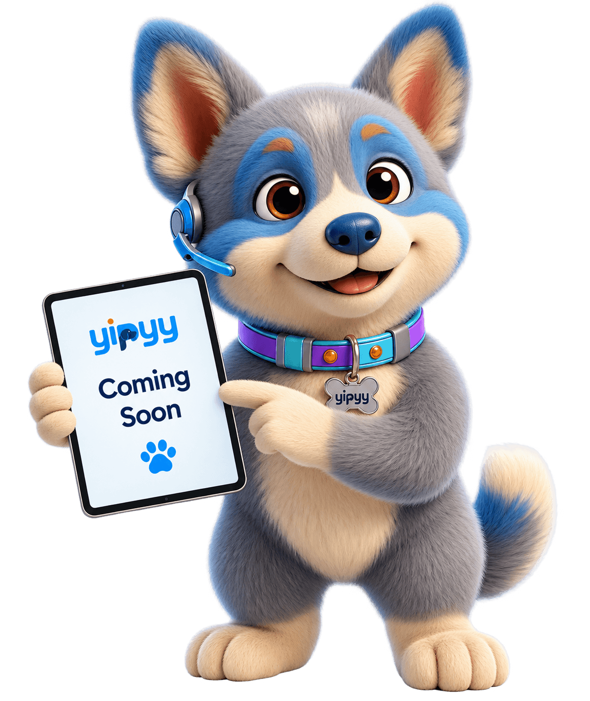 The Yipyy mascot holding a tablet that reads Coming Soon